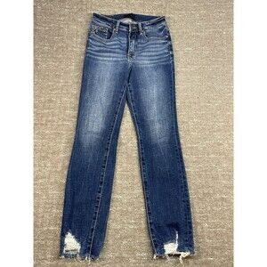 Buckle Women's Skinny Jeans in Dark Blue with Distressed Hem